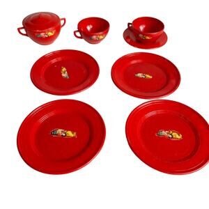 Vintage Childrens Plastic Red Tea Set with Decal By Eegee 9 Pieces Only